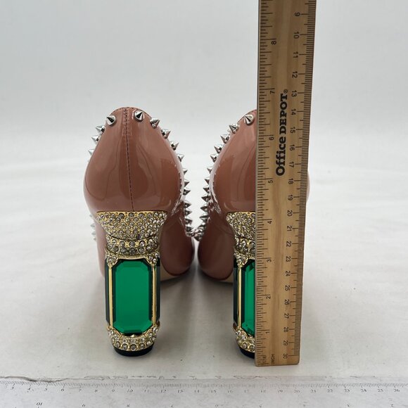 FSJ Nude Studded Rivets Pointed Toe High Heel Crystal Pumps Slip on Dress Shoes - Picture 4 of 7